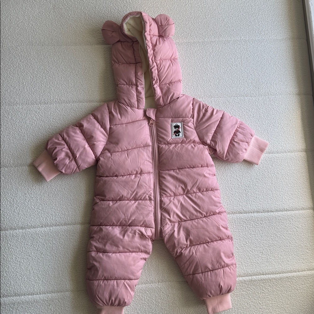Pink Baby Snowsuit with Bear Ears 3-6 MOS